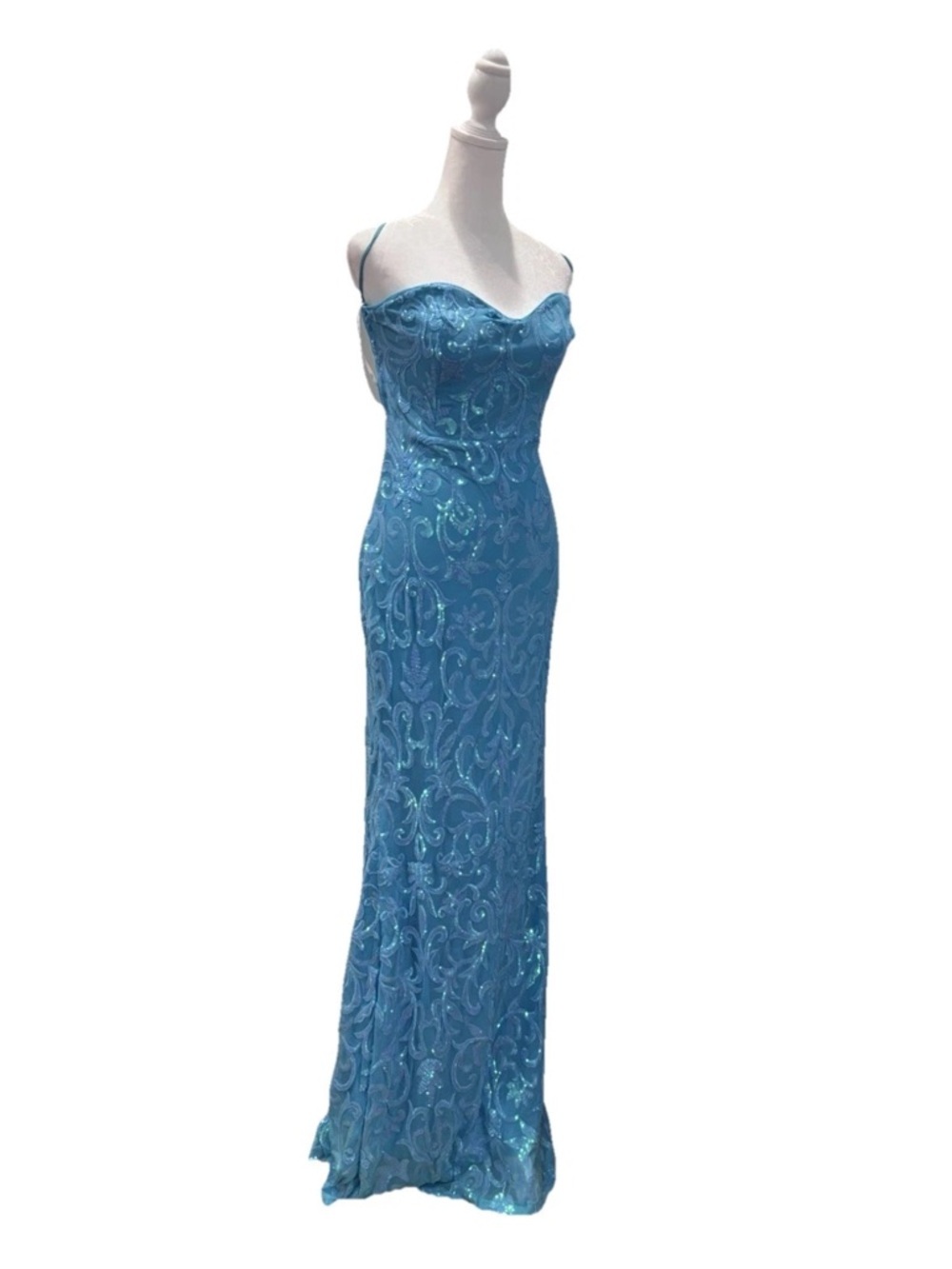 Aqua Blue Sequin Mermaid Gown Lace Up Back Formal Prom Dress Size XL - Picture 5 of 9